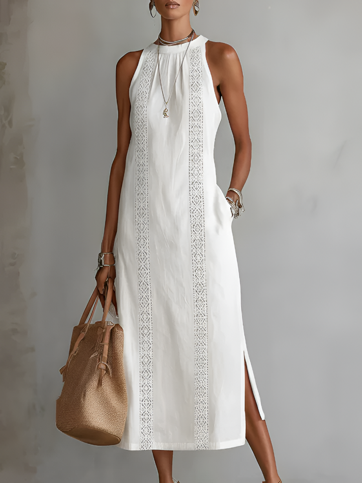 Tevara – Cuello alto, tejido técnico, vestido midi