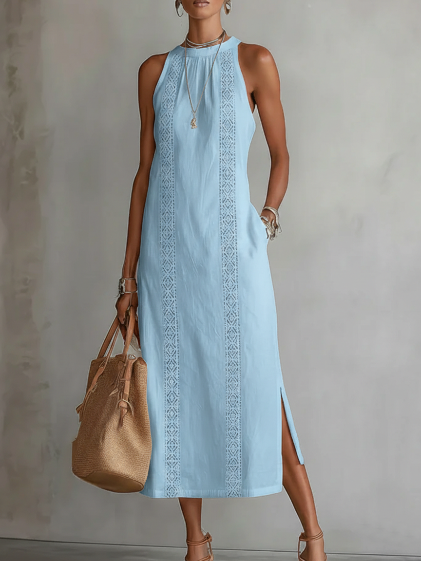 Tevara – Cuello alto, tejido técnico, vestido midi