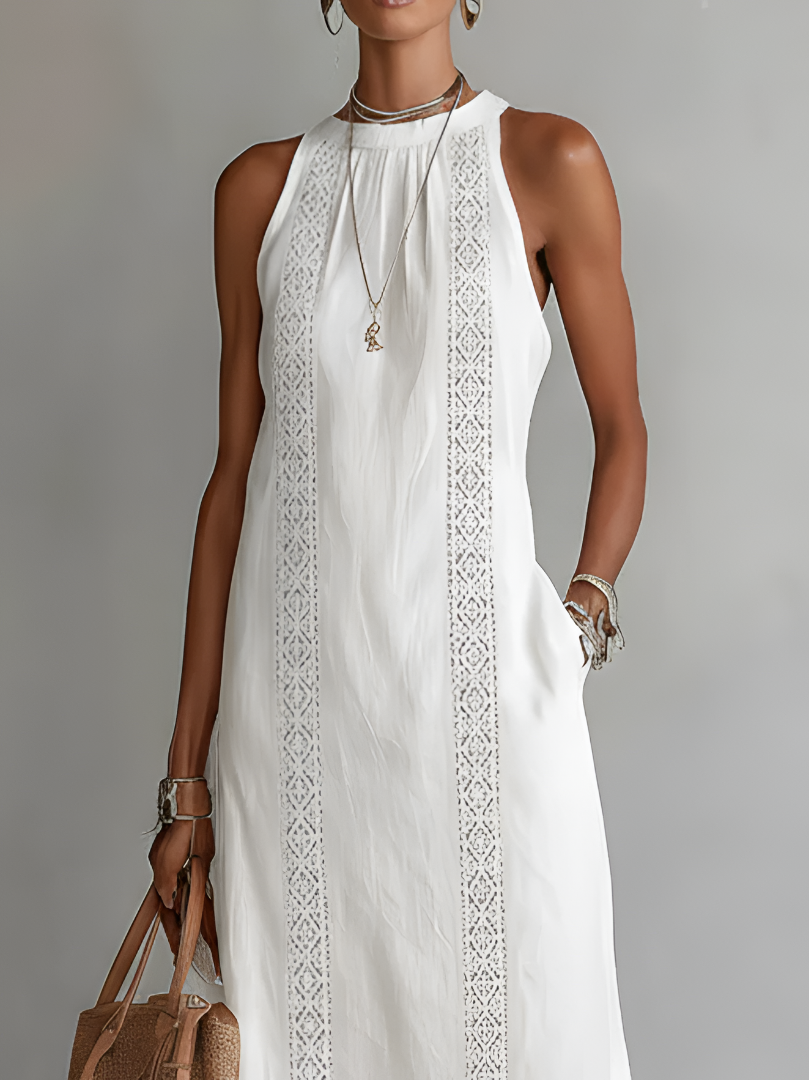Tevara – Cuello alto, tejido técnico, vestido midi