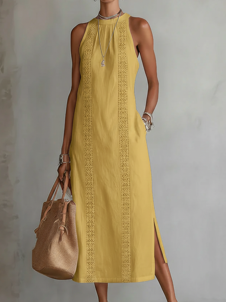 Tevara – Cuello alto, tejido técnico, vestido midi