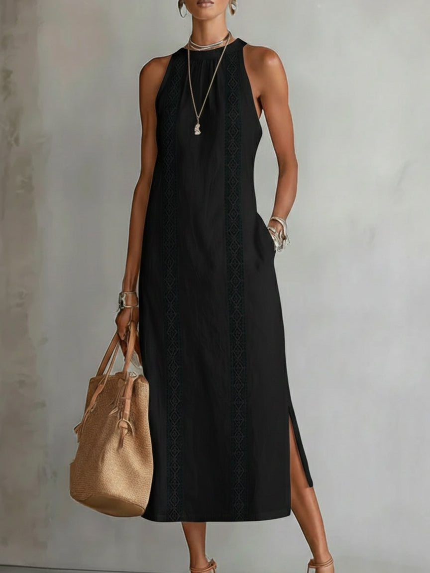 Tevara – Cuello alto, tejido técnico, vestido midi